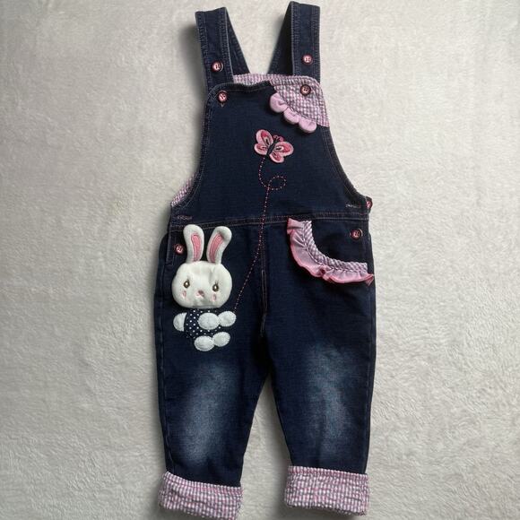 Baby Overalls Size 3-6 Months Romper Girls 3-D Bunny Butterfly Embroidered Jeans - Picture 2 of 6